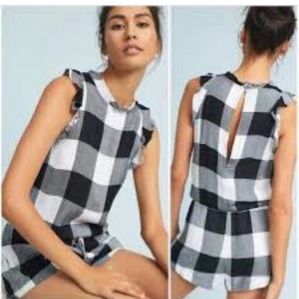 ANTHROPOLOGIE CLOTH & STONE GINGHAM HIGH RUFFLE NECK SLEEVELESS ROMPER WOMENS XS